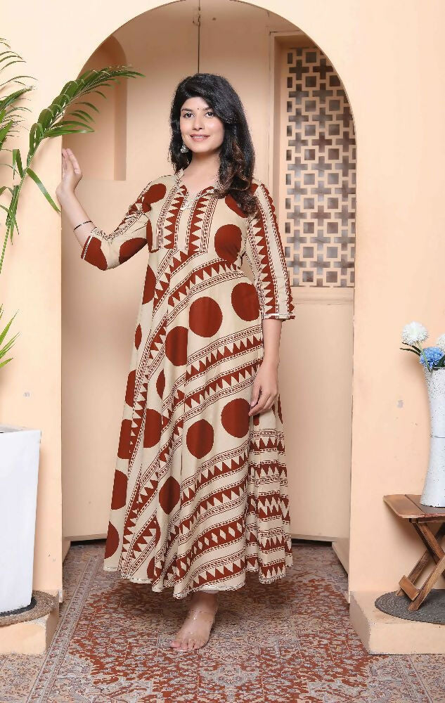 Miravan Womens Brown Printed V-Neck Anarkali Kurta | Grocsy