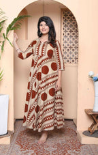 Miravan Womens Brown Printed V-Neck Anarkali Kurta | Grocsy