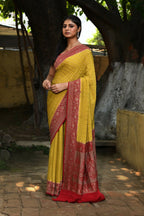 Joban Fashion Yellow Crepe Chiffon Pure Handloom Banarasi Silk Saree | Grocsy
