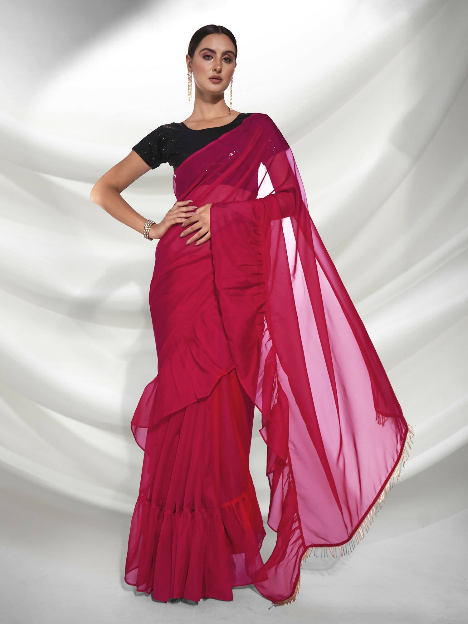 Pink Organza Solid Saree With Unstitched Blouse Piece - Shanaya | Grocsy