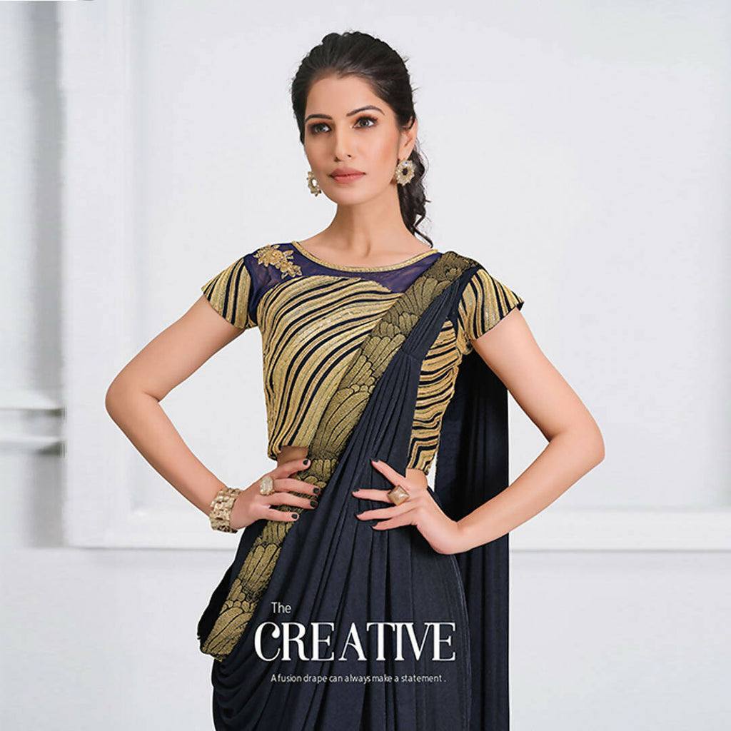 Navy Blue Lycra Cord And Sequins Embriodery Saree - Mohmanthan Izzara | Grocsy