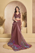 Vastranavya Coffee Digital Printed Linen Ready To Wear Designer Saree with Unstitched Blouse | Grocsy