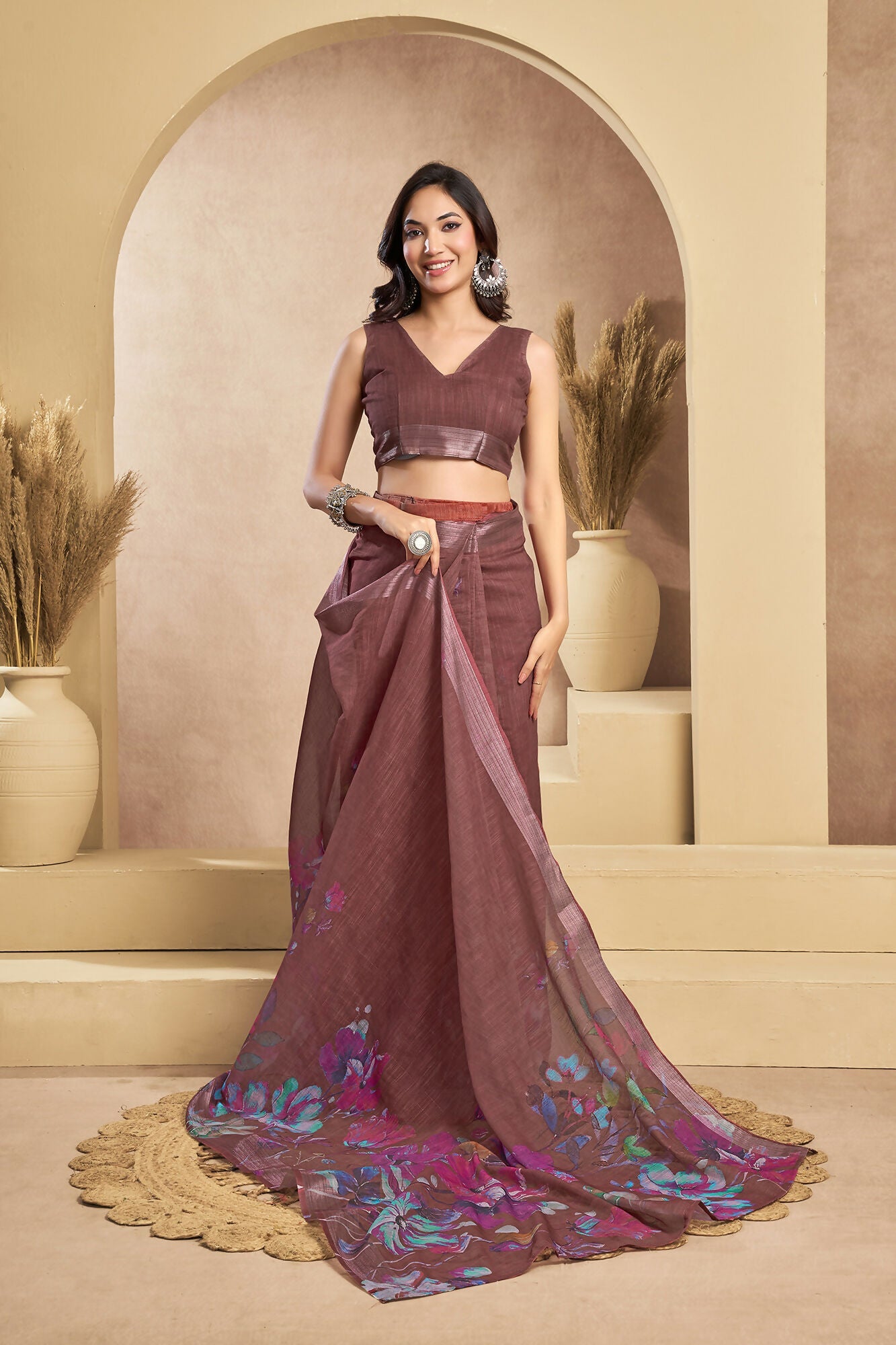 Vastranavya Coffee Digital Printed Linen Ready To Wear Designer Saree with Unstitched Blouse | Grocsy