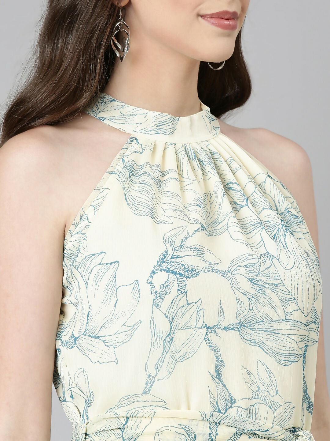 Souchii Cream & Blue Floral Chiffon Maxi Dress | Grocsy