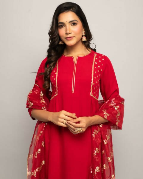 FIORRA Women's Red Creap A-Line Kurta Palazzo Set With Dupatta | Grocsy