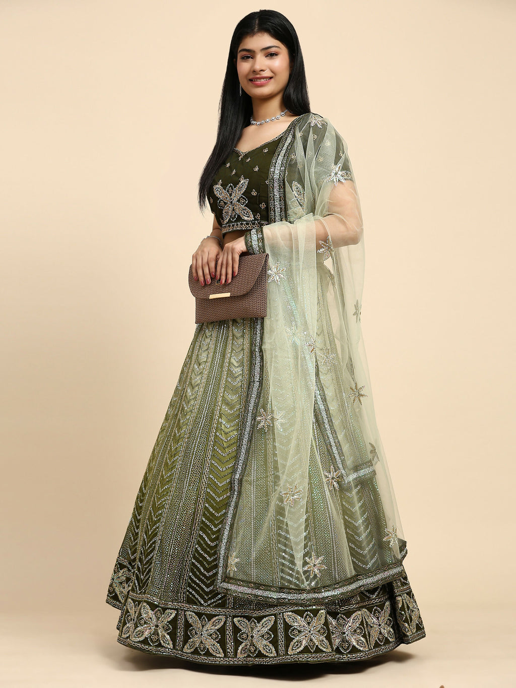 Green Fancy Net Sequence Embroidered Lehenga Choli with Dupatta - Dhara | Grocsy
