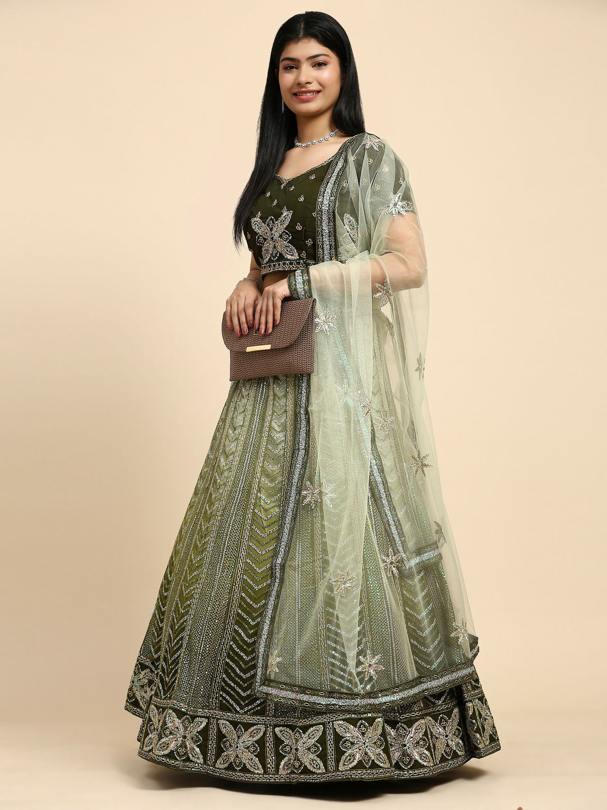 Green Fancy Net Sequence Embroidered Lehenga Choli with Dupatta - Dhara | Grocsy