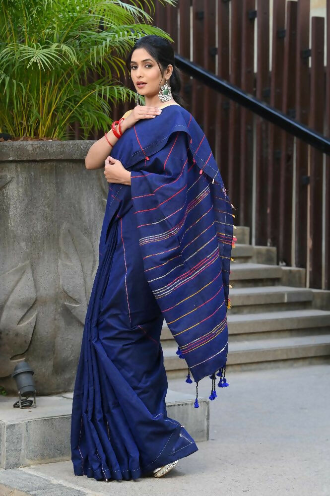 Beatitude Blue Khadi Ghicha Stripes Saree | Grocsy
