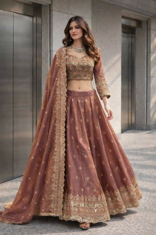 Teeya Creation Onion Color Fendy Satin Heavy Embroidery Work Wedding Wear Stitched Lehenga Choli | Grocsy