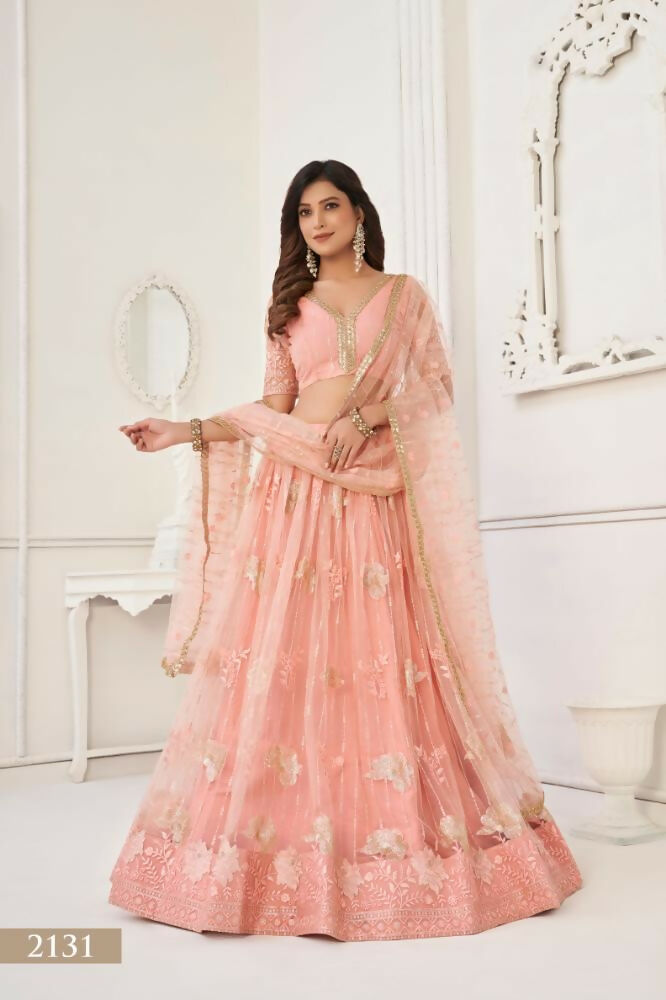 Aastha Fashion Peach Butterfly Net Tone To Tone Thread Work And Sequence Work Embroidery Wedding Wear Lehenga Choli | Grocsy