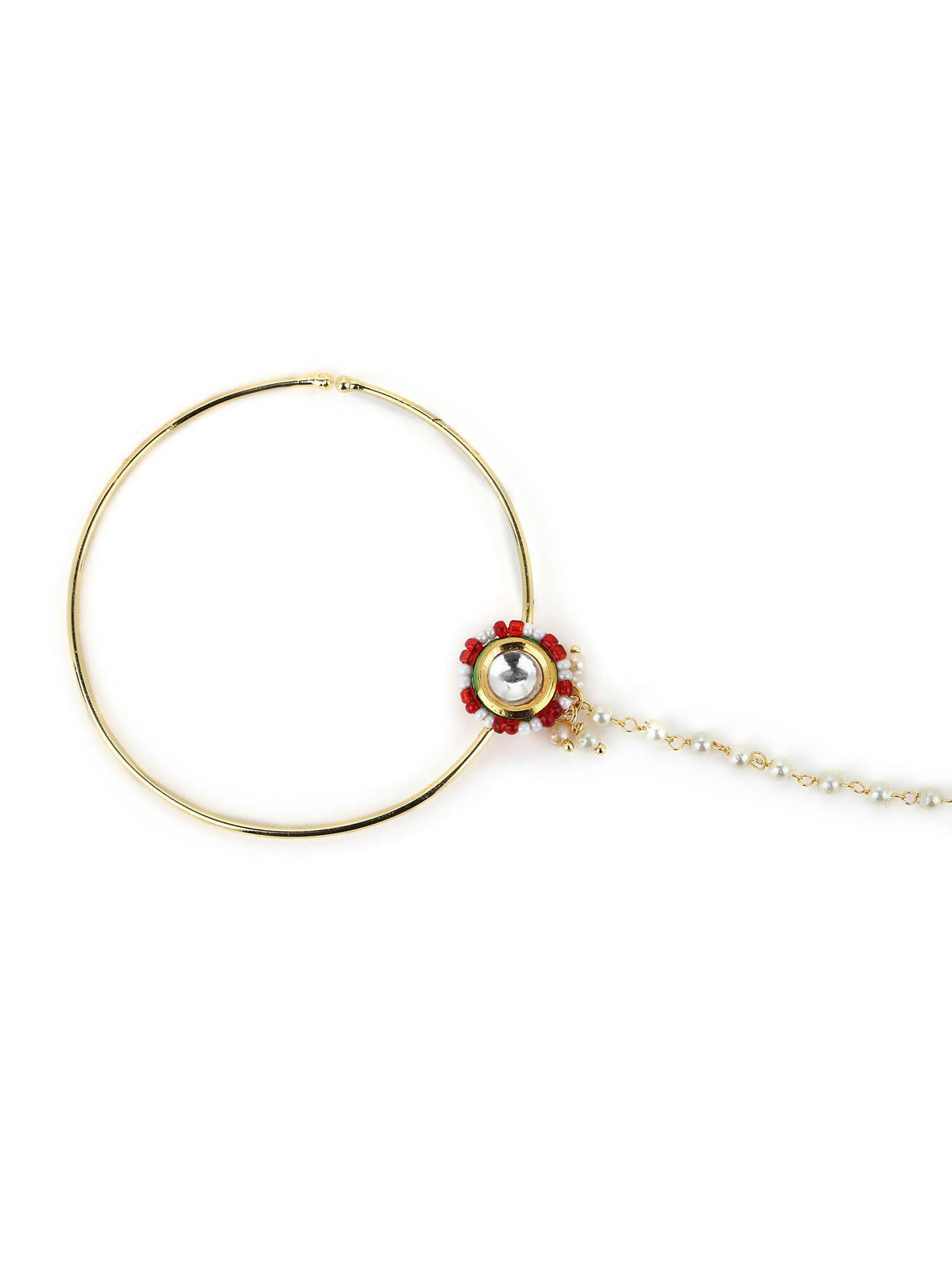 Gold-Pleated Red White Kundan Studded Beaded Chained Nosepin - Ruby Raang | Grocsy