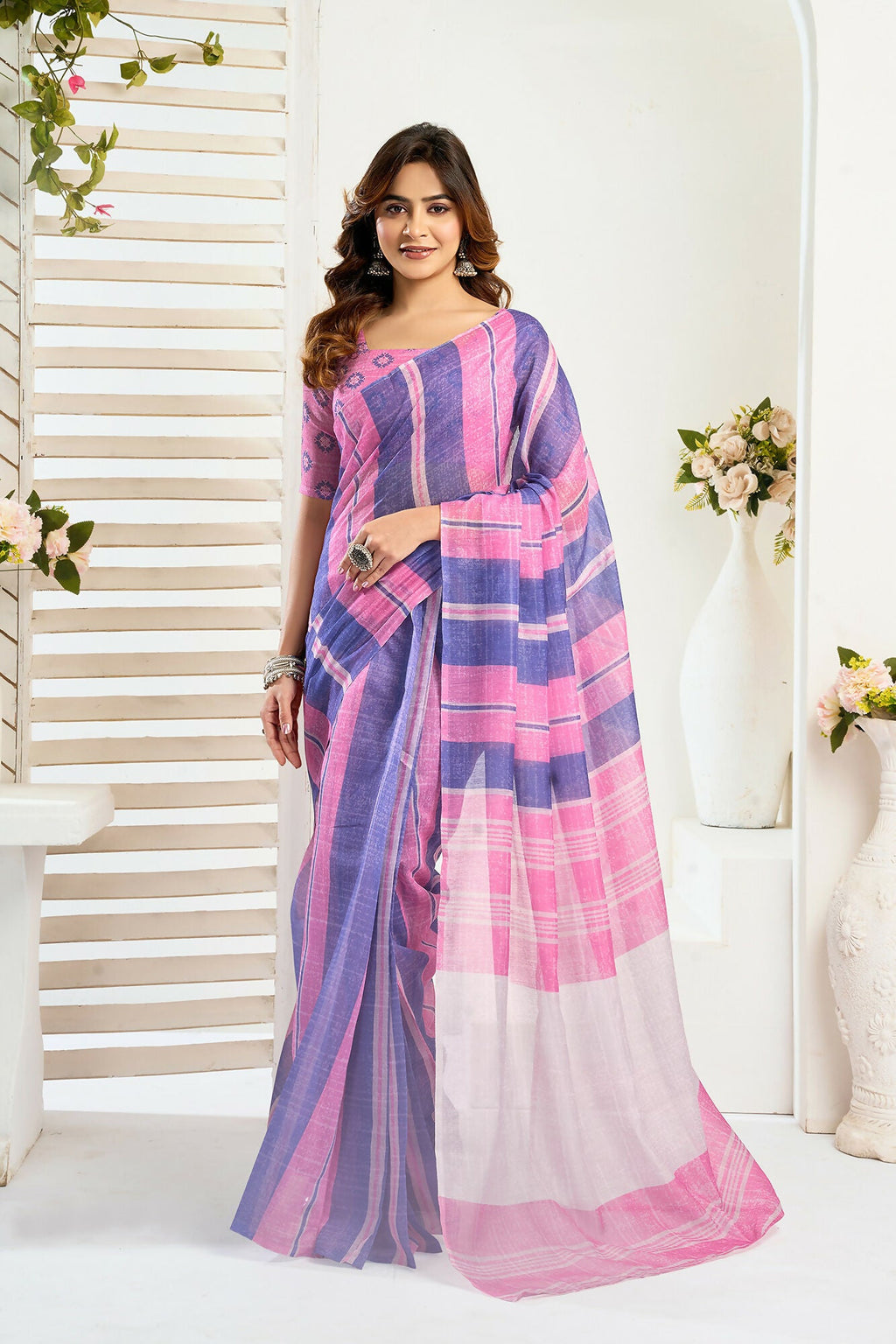 Vastranavya Pink Blue Digital Printed Linen Ready To Wear Designer Saree with Unstitched Blouse | Grocsy