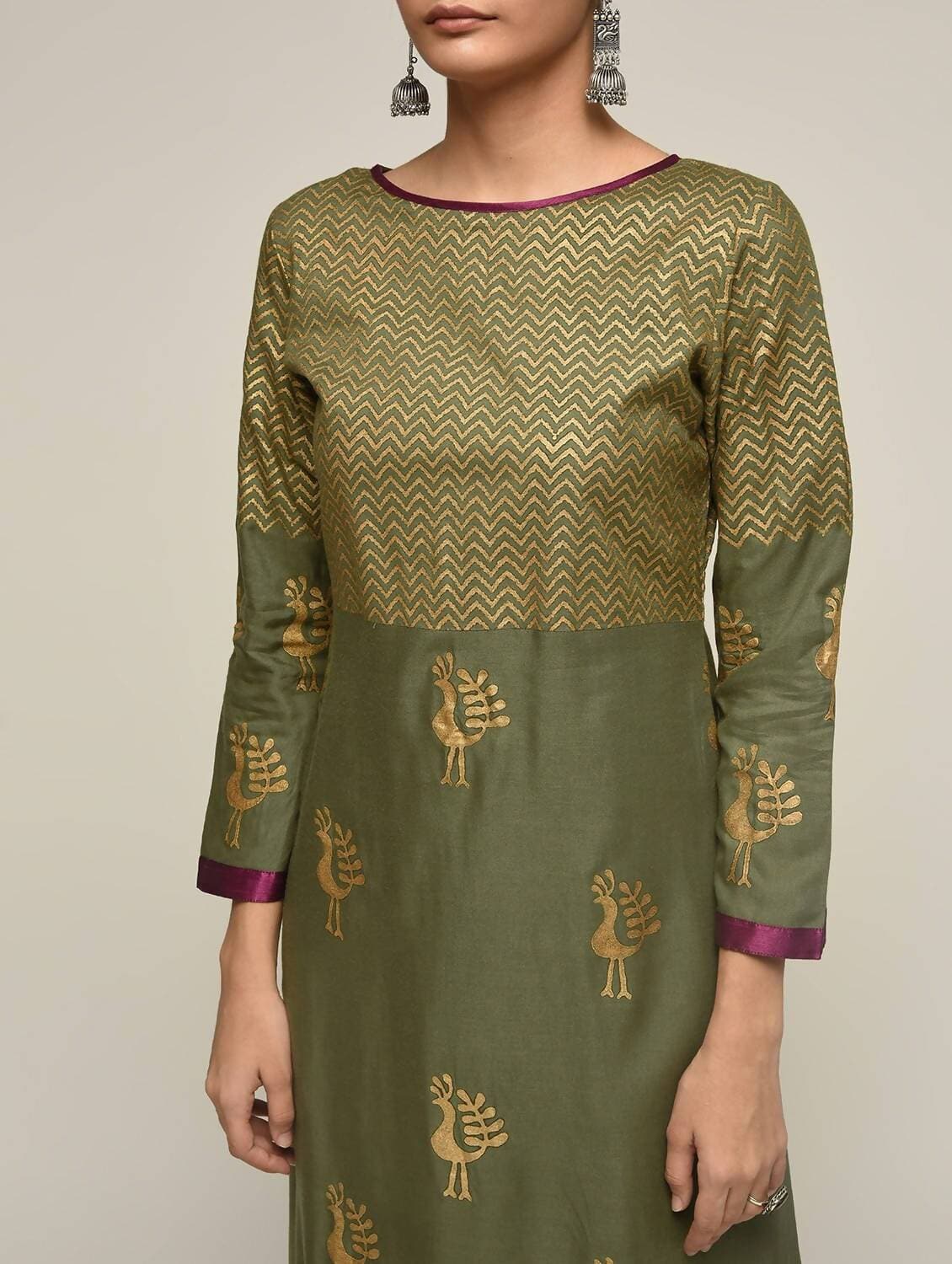 Cheera Hand Block Print Olive green Anarkali Kurta (MAAI-066K) | Grocsy