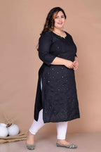 Miravan Women's Plus Size Black Mirror Work Embroidered Pakistani Straight Kurti | Grocsy
