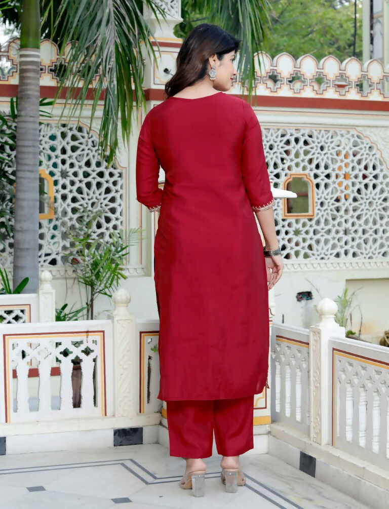 Miravan Women's Embroidered Pure Silk Red Kurta with Palazzo and Dupatta | Grocsy