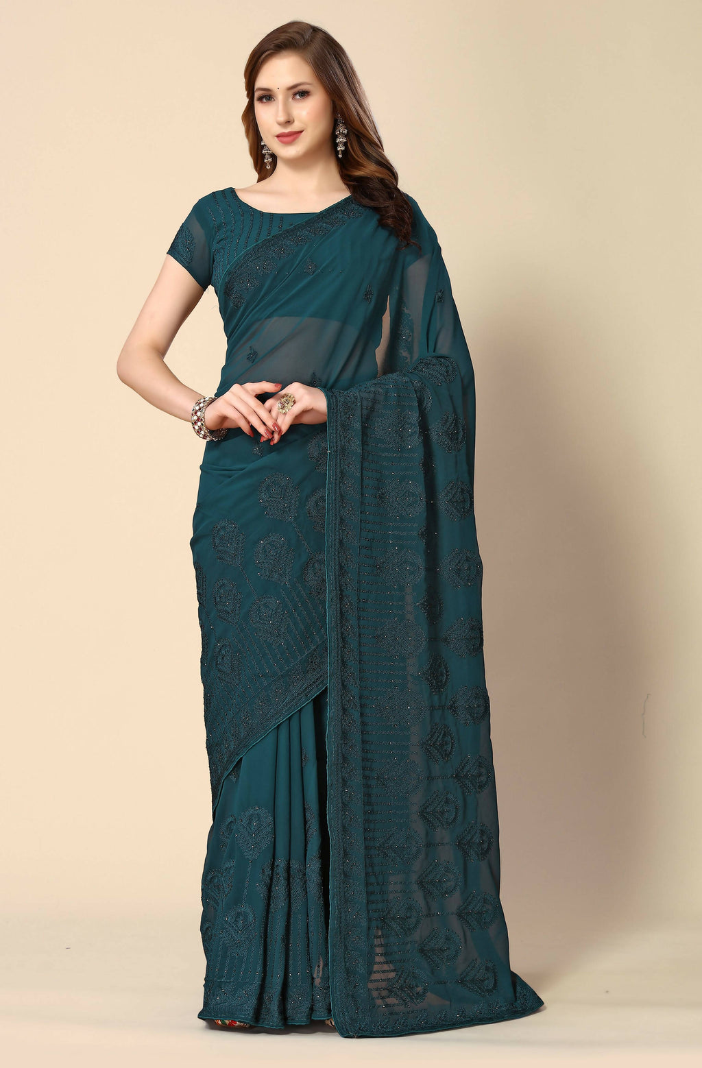 Teal Georgette Embroidered and Stone Work Saree with Unstitched Blouse Piece - Roozal | Grocsy