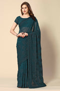 Teal Georgette Embroidered and Stone Work Saree with Unstitched Blouse Piece - Roozal | Grocsy