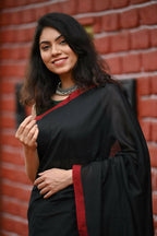 Very Much Indian Pure Cotton Handloom Saree With Intricate Border - Black | Grocsy