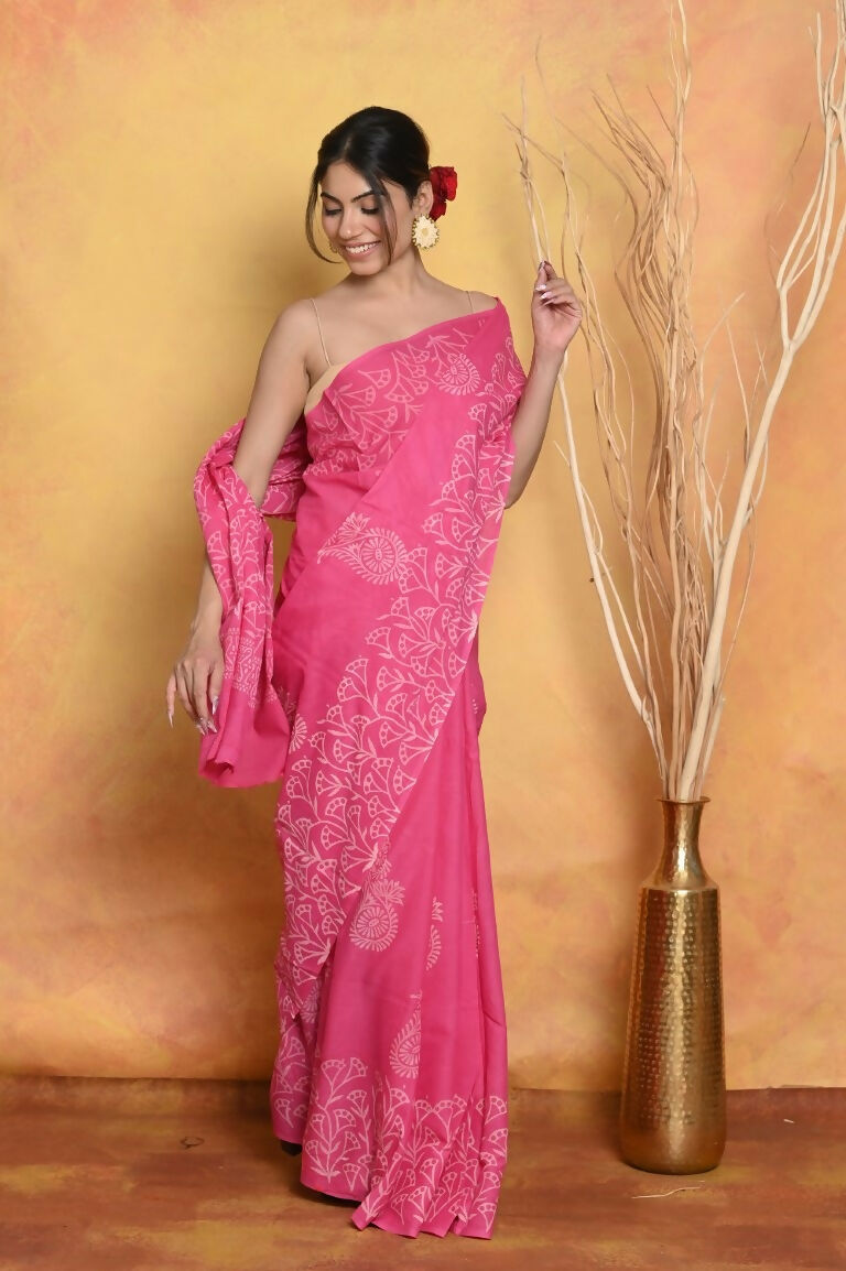 Very Much Indian Handblock Printed Cotton Saree With Natural Dyes - Pink | Grocsy
