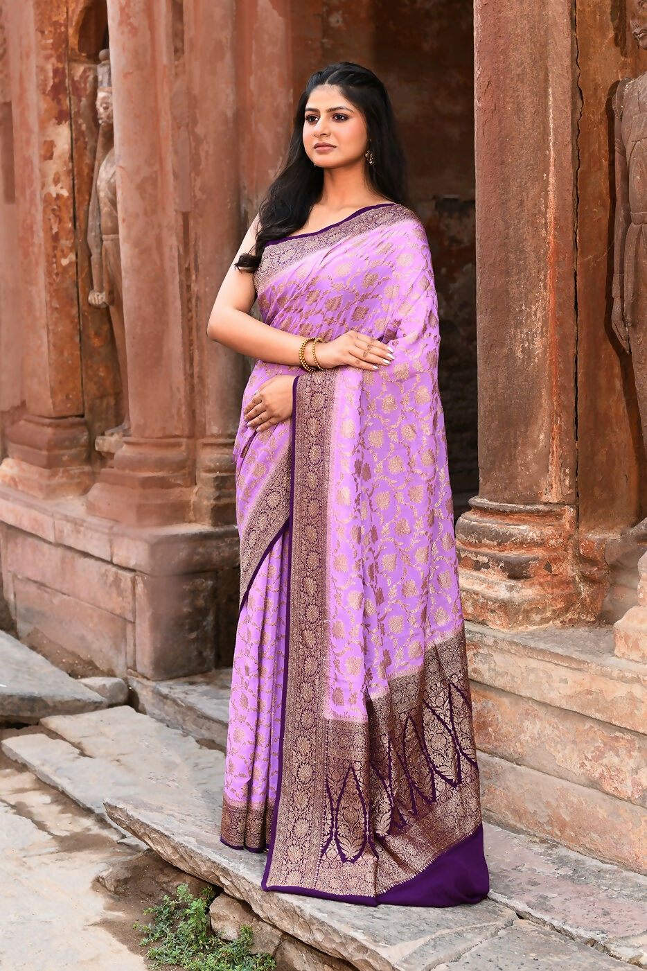 Joban Fashion Lavender Crepe Chiffon Pure Handloom Banarasi Silk Saree | Grocsy