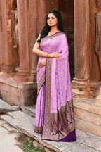 Joban Fashion Lavender Crepe Chiffon Pure Handloom Banarasi Silk Saree | Grocsy