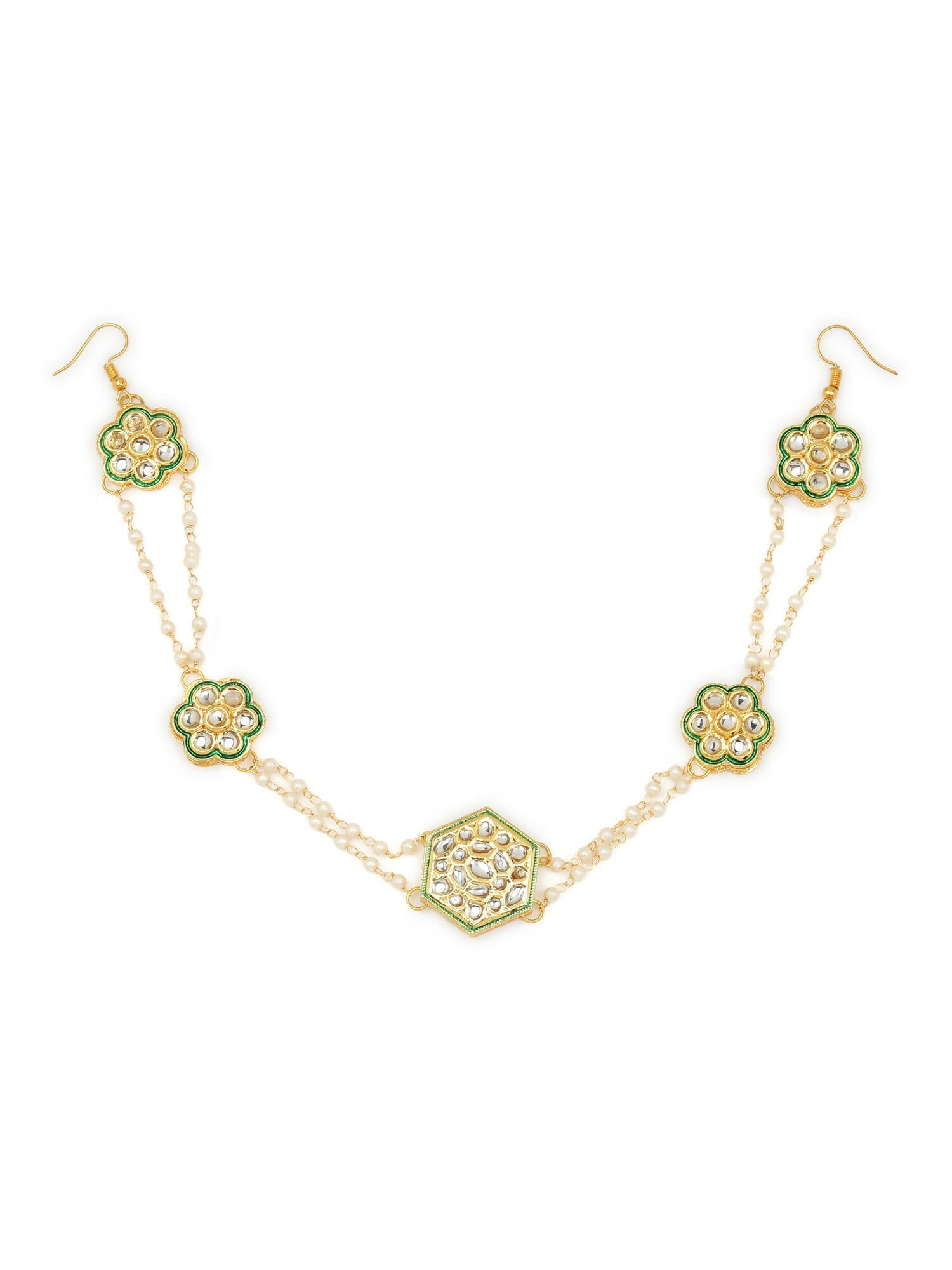 Gold-Polished White Kundan-Studded Pearl Beaded Hair Band - Ruby Raang | Grocsy