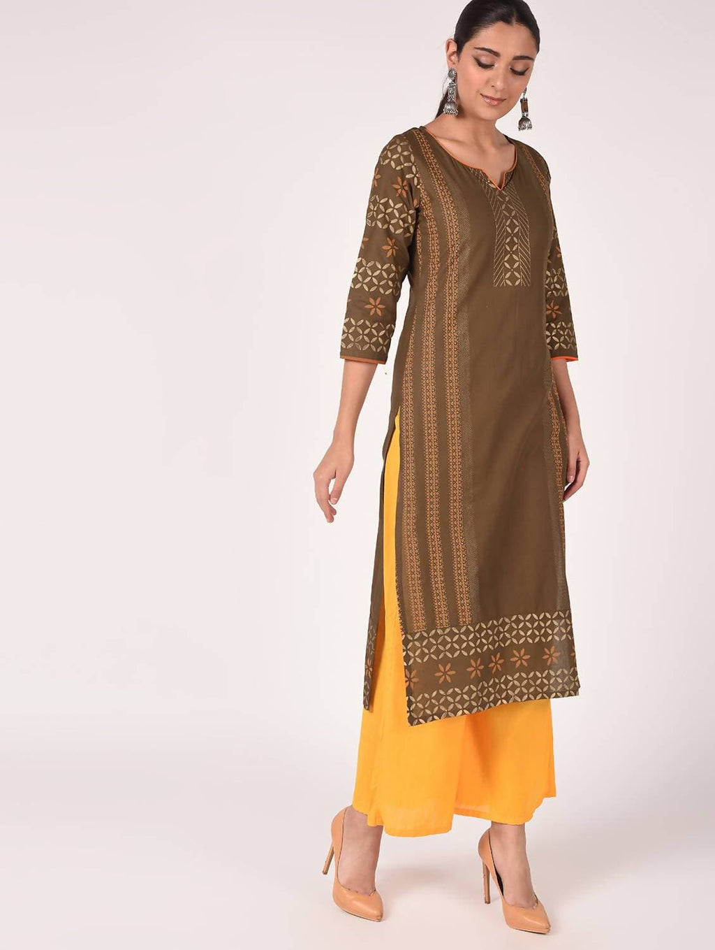 Cheera Hand Block Print Earth Brown Straight Kurta (MAAI-060K) | Grocsy