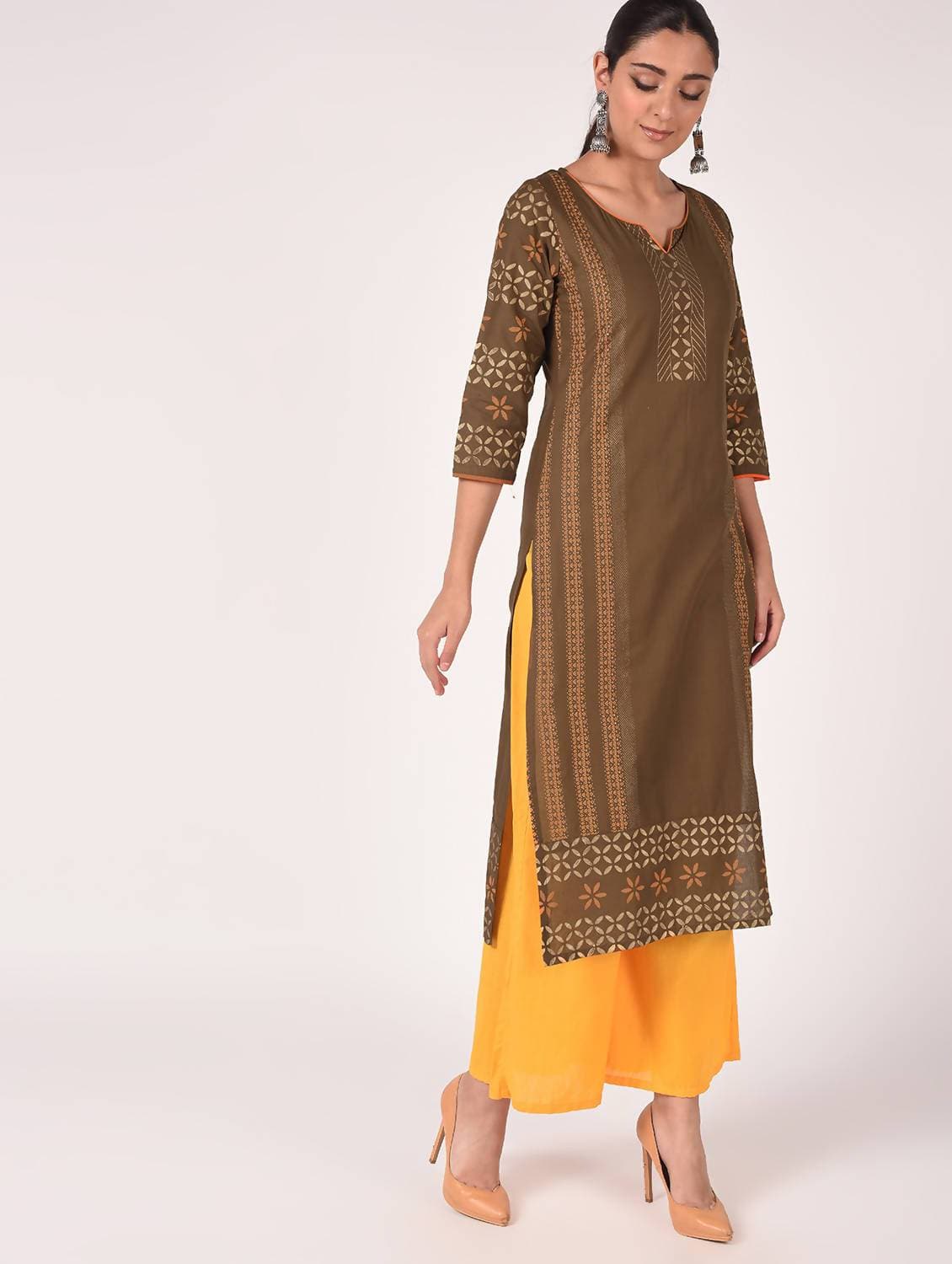 Cheera Hand Block Print Earth Brown Straight Kurta (MAAI-060K) | Grocsy