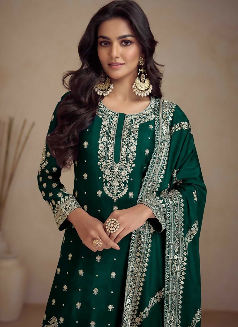 Vastranavya Glamorous Green Chinon Palazzo Suit With Intricate Sequins Embroidery Work with Dupatta | Grocsy