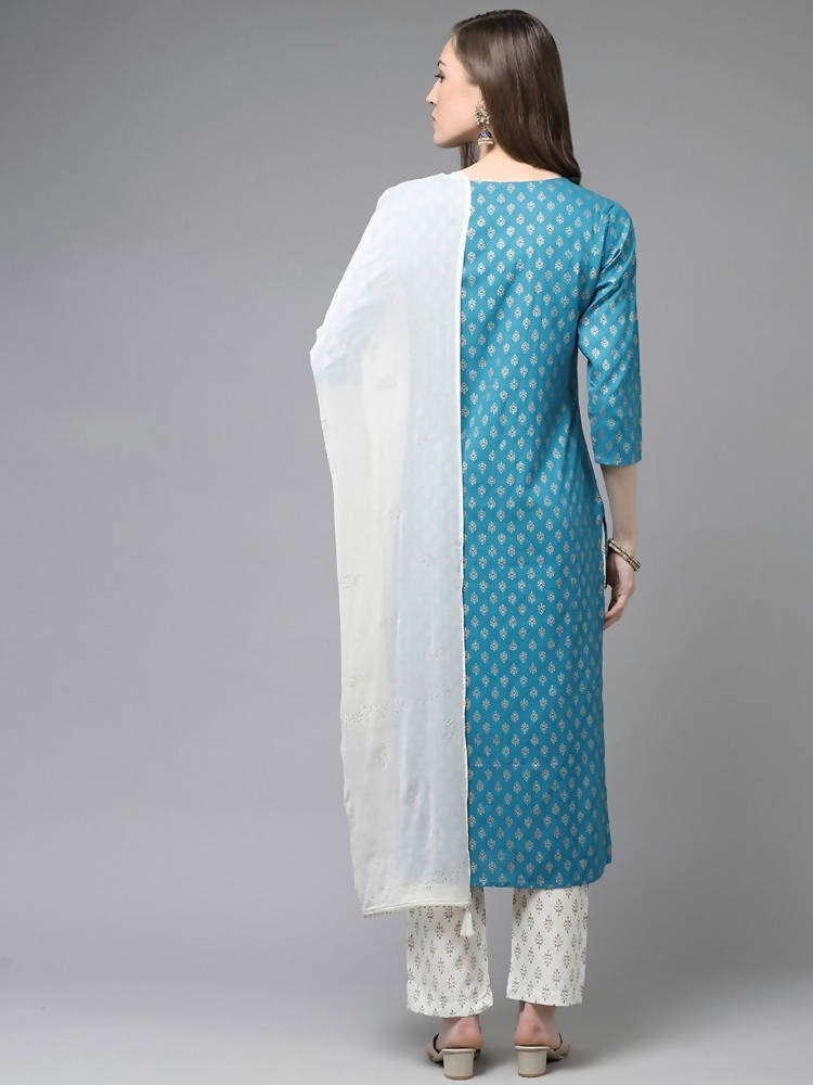 Yufta Women Teal Blue & Off-White Printed Kurta with Trouser & Dupatta | Grocsy