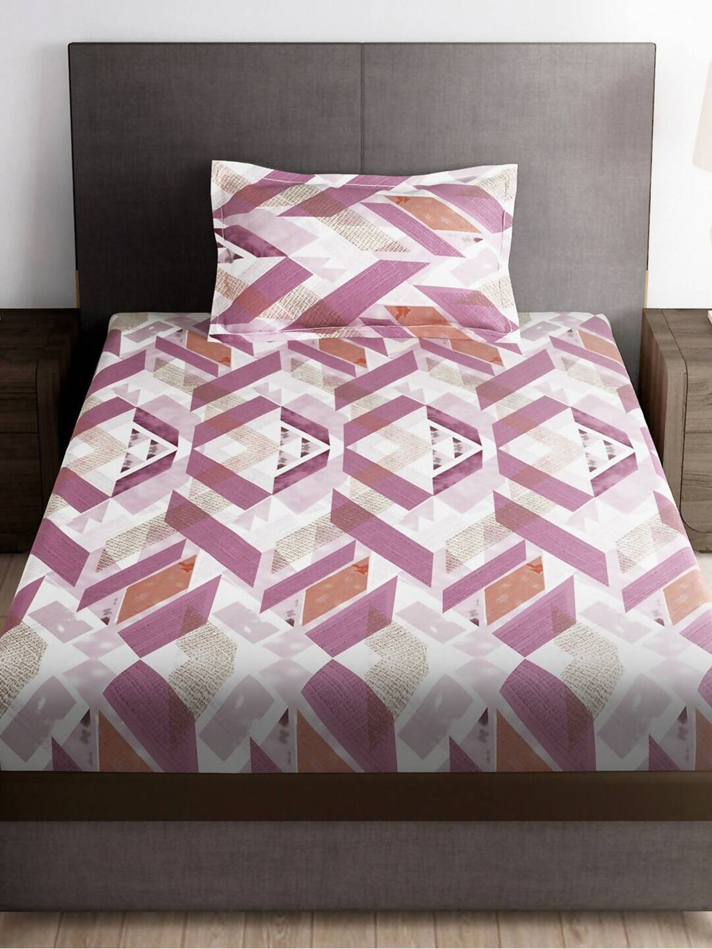 Story@home Arena Pink & White Geometric Printed 180 TC Bedsheet & Pillow Covers | Grocsy