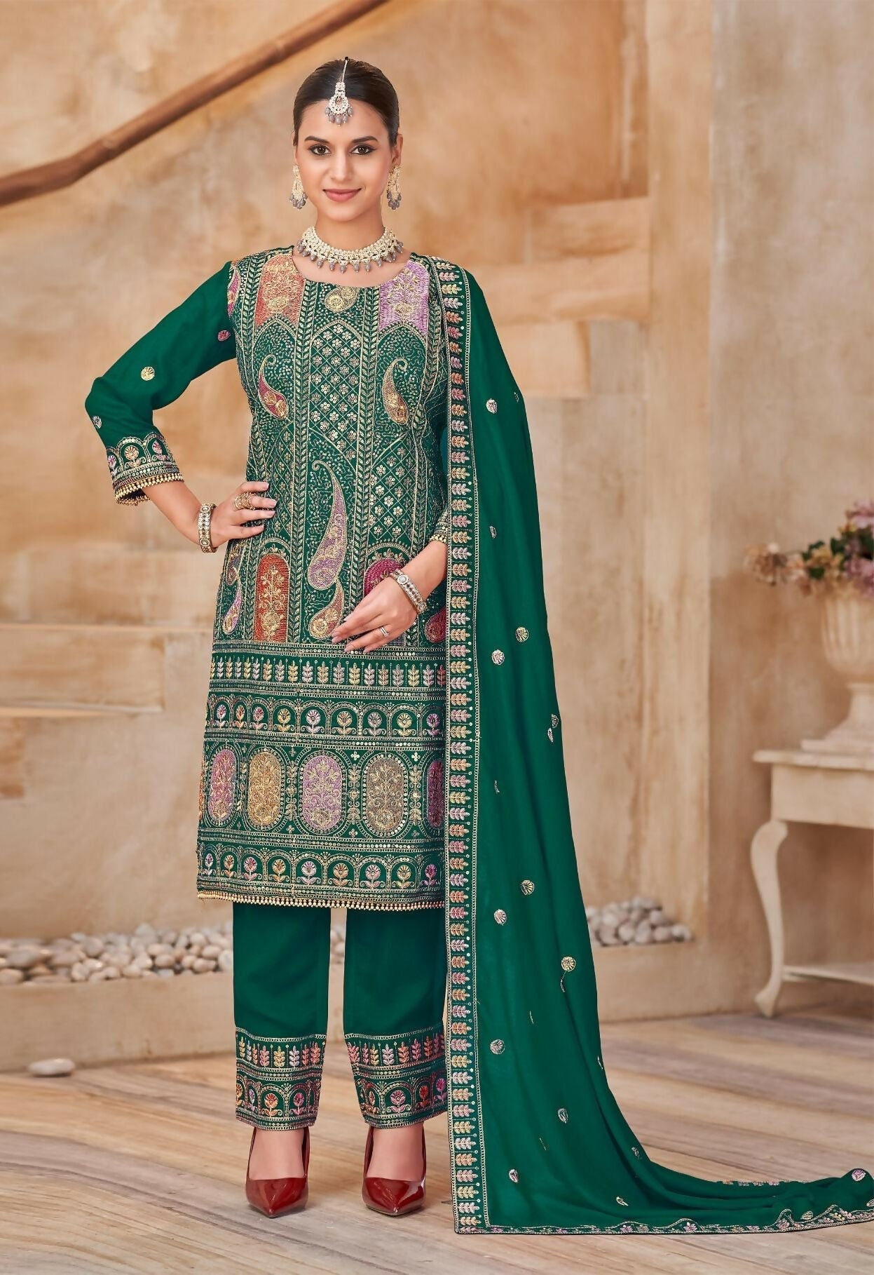 Anaita Green Vichitra Silk Readymade Suit with Embroidery & Lace Work | Grocsy