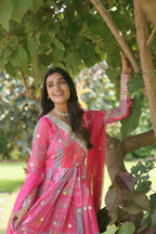 Jyoti Fashion Women's Pink Russian Silk Digital Print with Embroidered Anarkali Dress with Dupatta | Grocsy