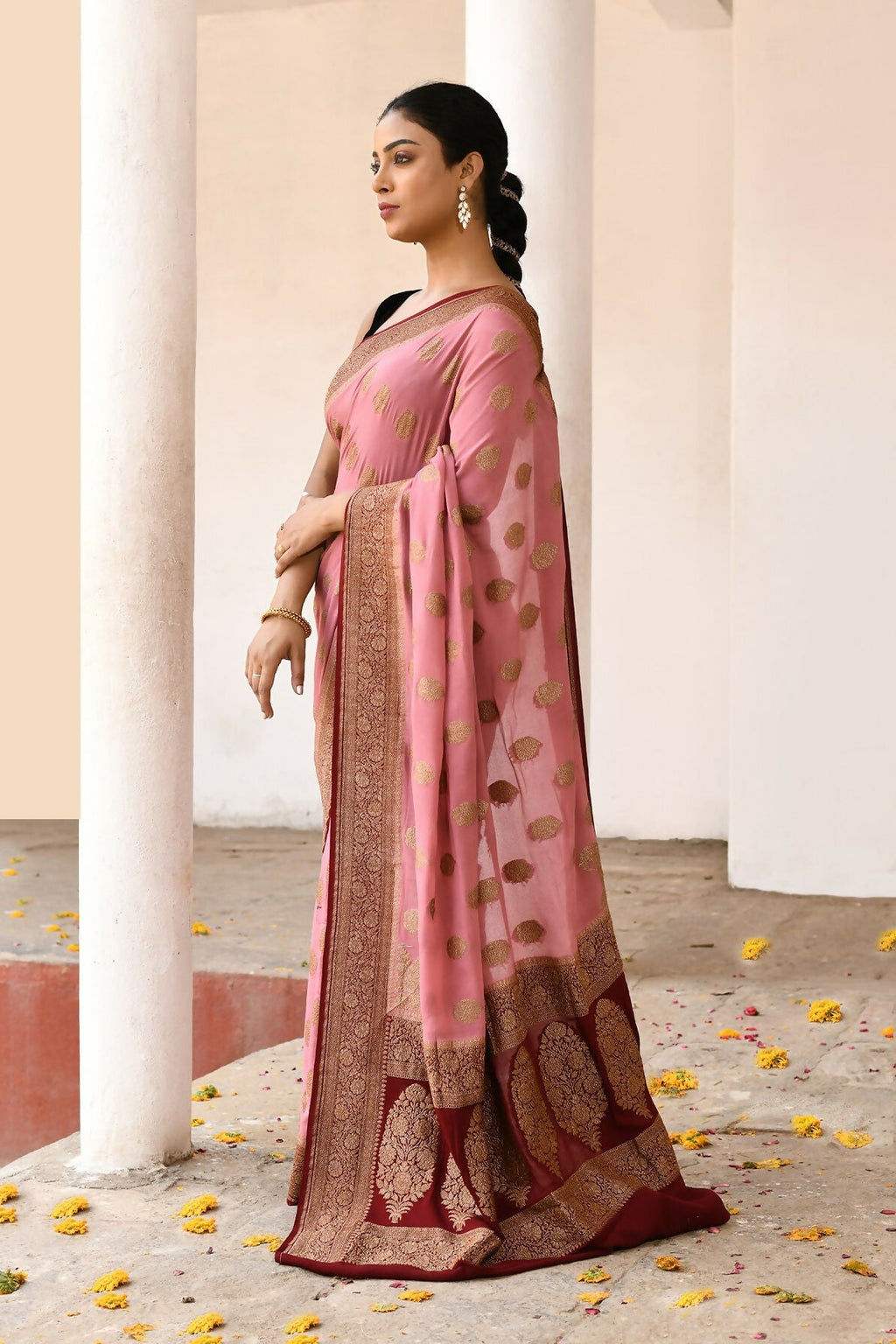 Joban Fashion Nude Pink Crepe Chiffon Pure Handloom Banarasi Silk Saree | Grocsy