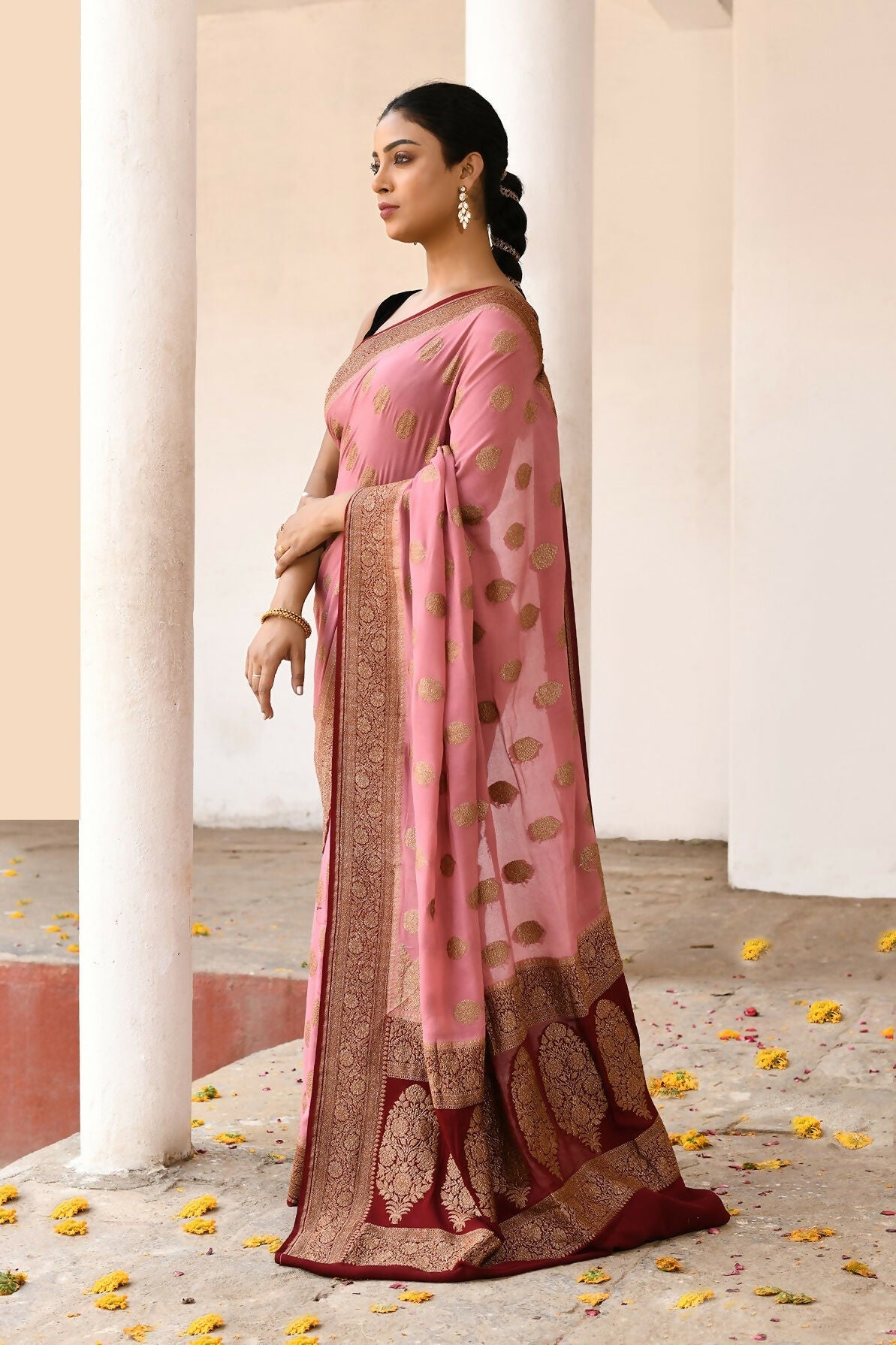 Joban Fashion Nude Pink Crepe Chiffon Pure Handloom Banarasi Silk Saree | Grocsy