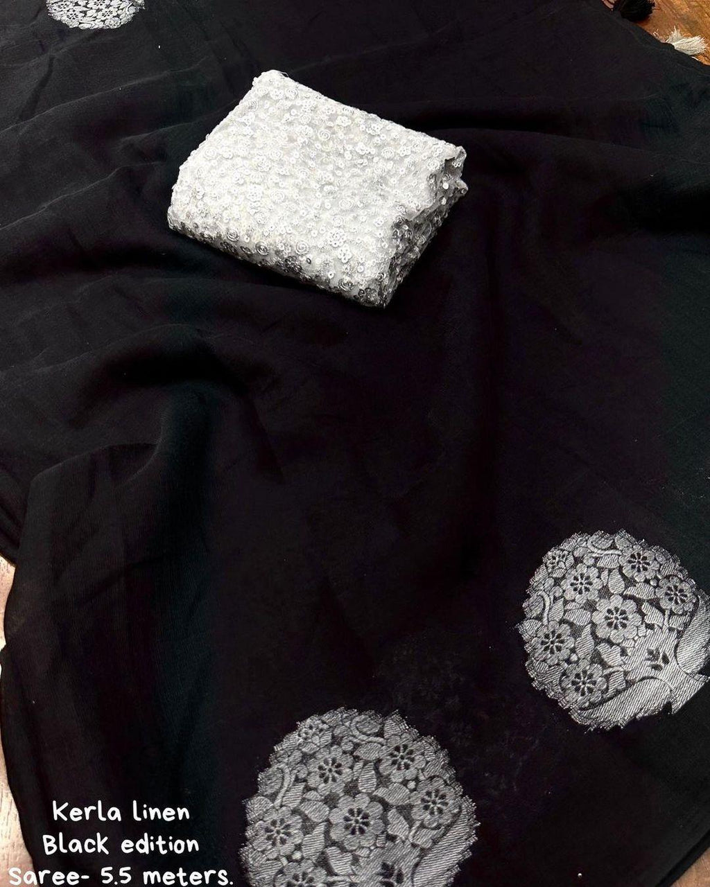 Black Pure Linen Woven Design Saree with Unstitched Blouse - A2M | Grocsy