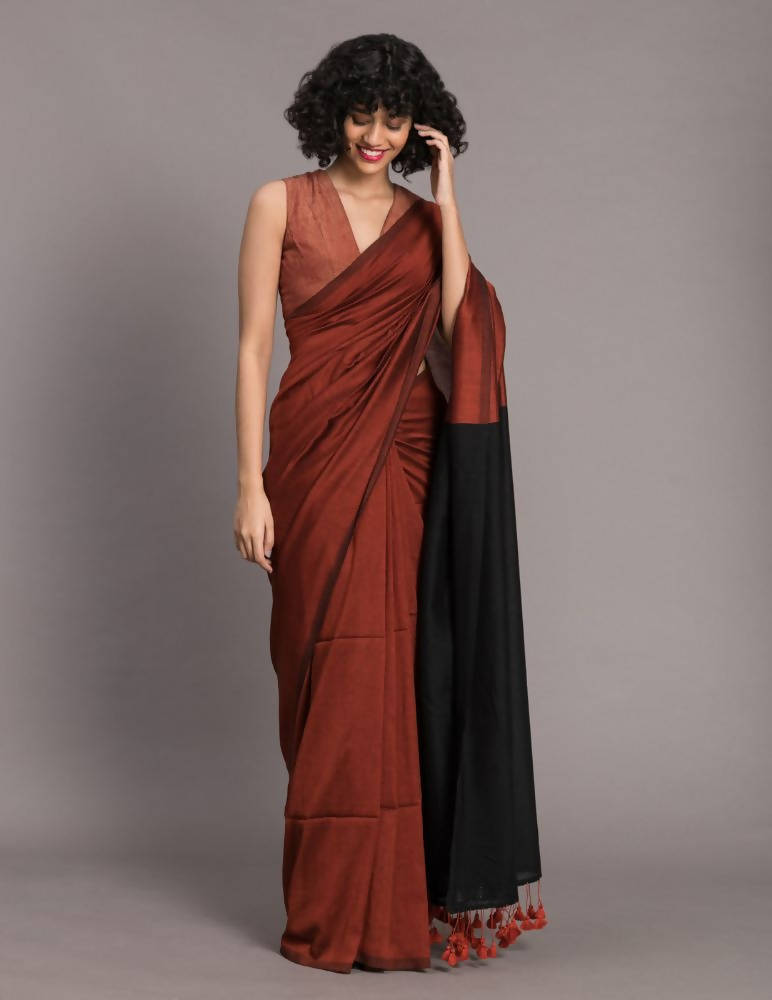 Suta Rust Brown Black Cotton Blend Colourblocked Saree | Grocsy