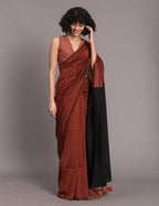 Suta Rust Brown Black Cotton Blend Colourblocked Saree | Grocsy