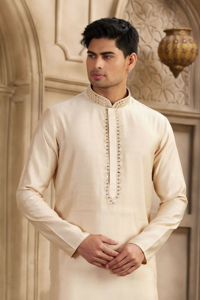 Raivat Ethnic Banarasi Art Silk Mirror Work Kurta Pajama In Beige Colour | Grocsy