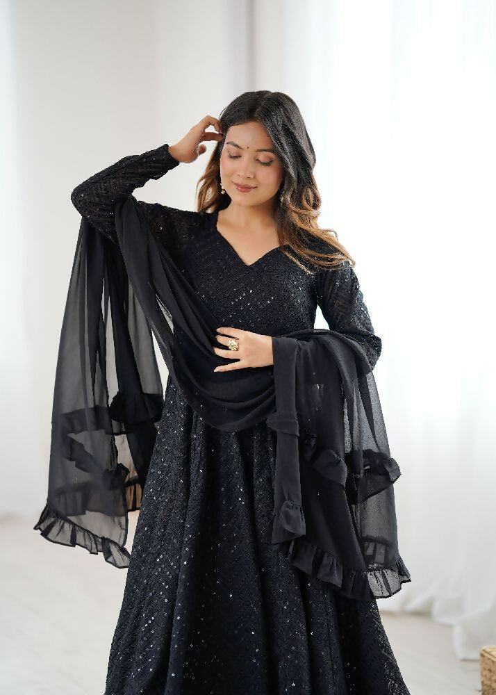 The52 Women's Gorgeous Embroidery Fox Georgette Fabric Flared Anarkali Pant and Dupatta Set | Grocsy