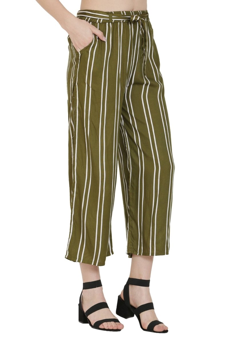 Asmaani Olive Green Color Rayon Fabric Stripped Palazzo | Grocsy