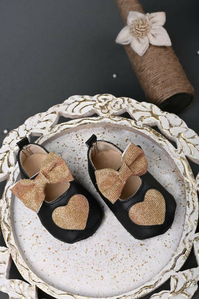 Tiny Bugs Girls Heart Bow Detailing Booties - Black & Gold | Grocsy