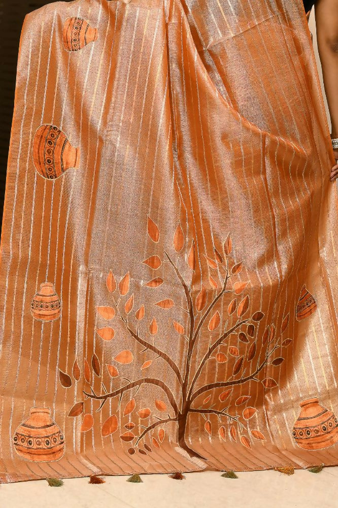Joban Fashion Orange Saree Tissue Zari Buti Allover Matka Applick With Contrast Blouse | Grocsy