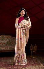 Vastranavya Cream Satin Silk Floral Printed with Pearl Lace Saree with Unstitched Blouse | Grocsy