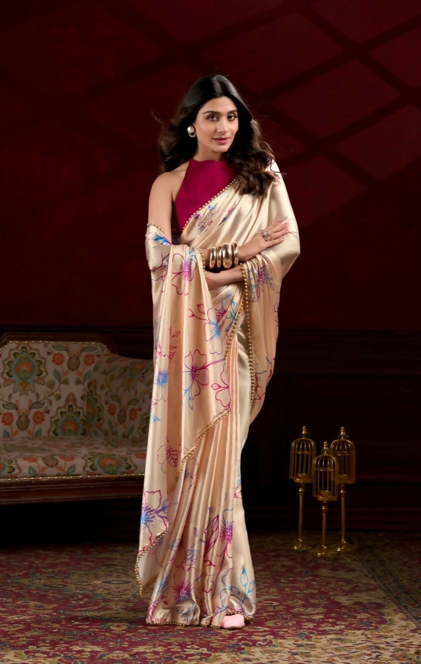 Vastranavya Cream Satin Silk Floral Printed with Pearl Lace Saree with Unstitched Blouse | Grocsy