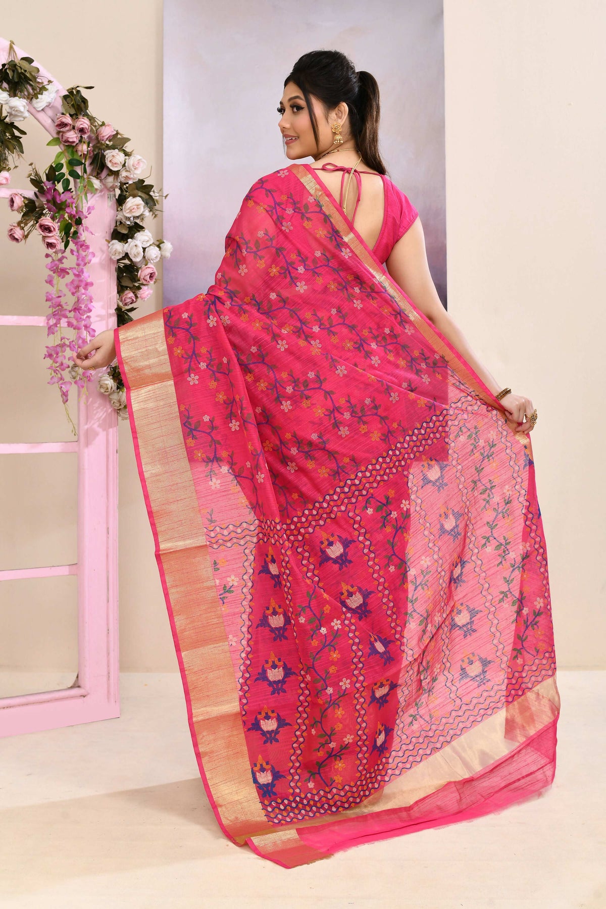 Piyari Fashion Women's Pink Embellished Cotton Blend Printed Saree | Grocsy