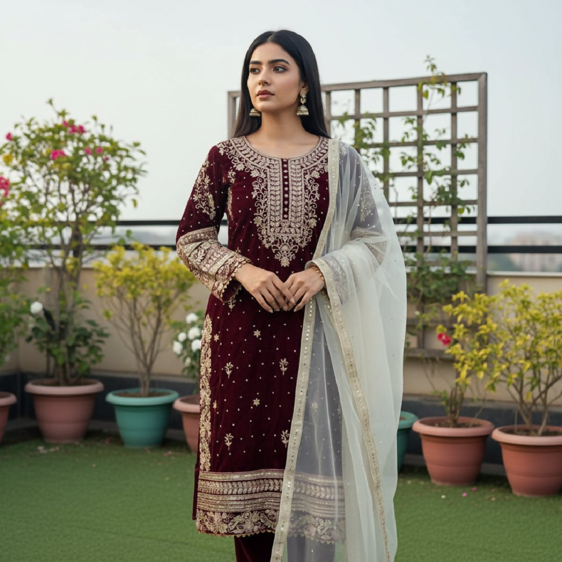 Joban Fashion Maroon Velvet Embroidery Sequence Work Readymade Kurta Set | Grocsy