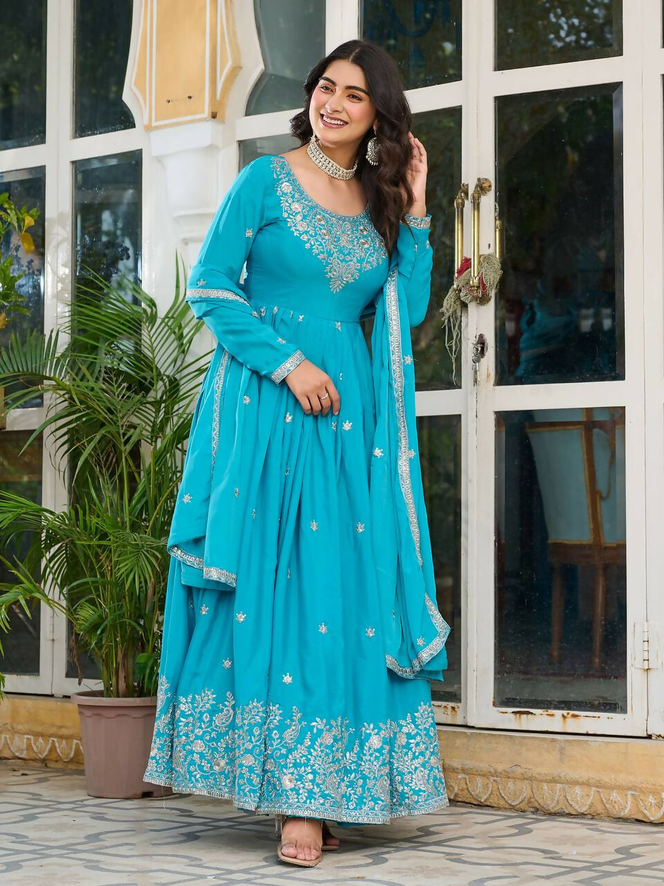 The52 Women's Beautiful American Silk Fabric Embroidery Work Flared Anarkali Pant and Dupatta Set | Grocsy