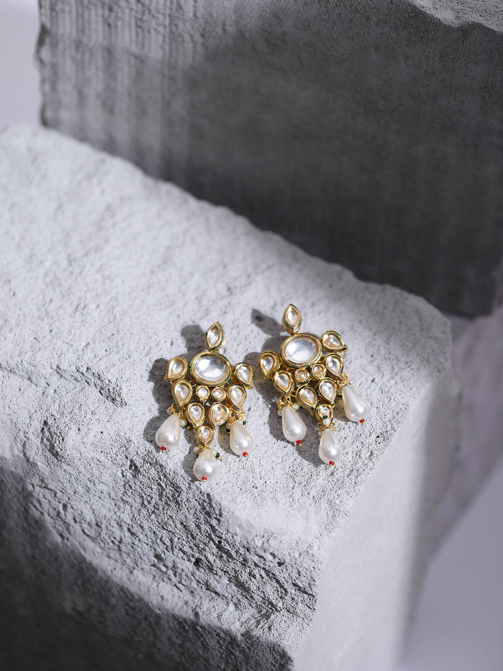 Gold-Toned White Contemporary Gold-Polished Drop Earrings - Ruby Raang | Grocsy