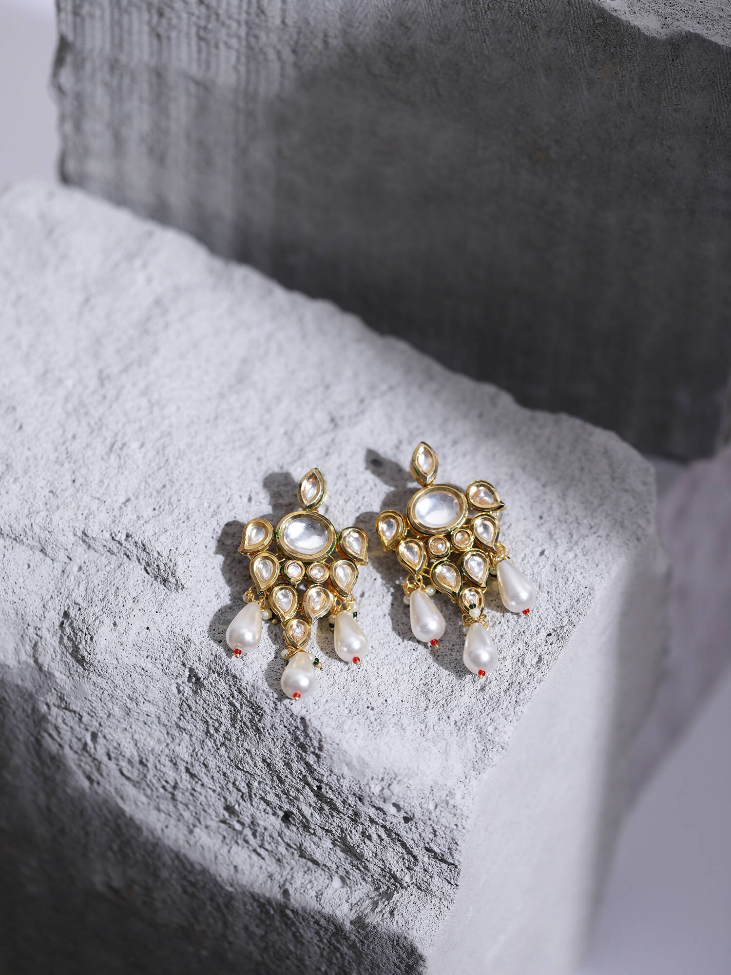 Gold-Toned White Contemporary Gold-Polished Drop Earrings - Ruby Raang | Grocsy